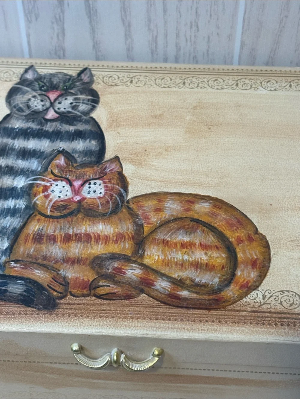 Vintage Jewelry Box Faux Leather Handpainted Cat Design